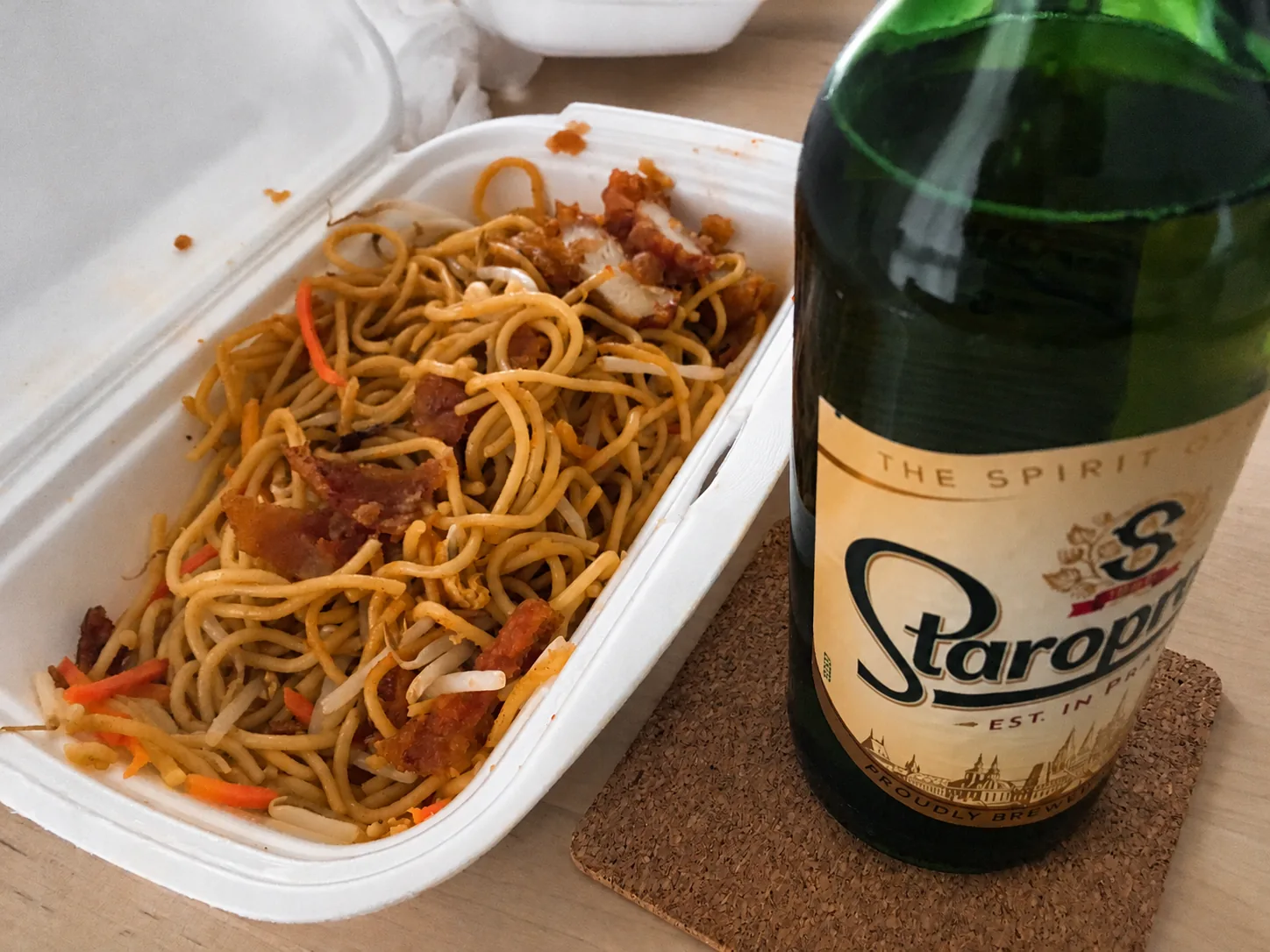 Noodles and beer during a session break